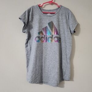 Adidas Kids Gray Tee Large 14 TShirt with Holographic Logo Activewear
